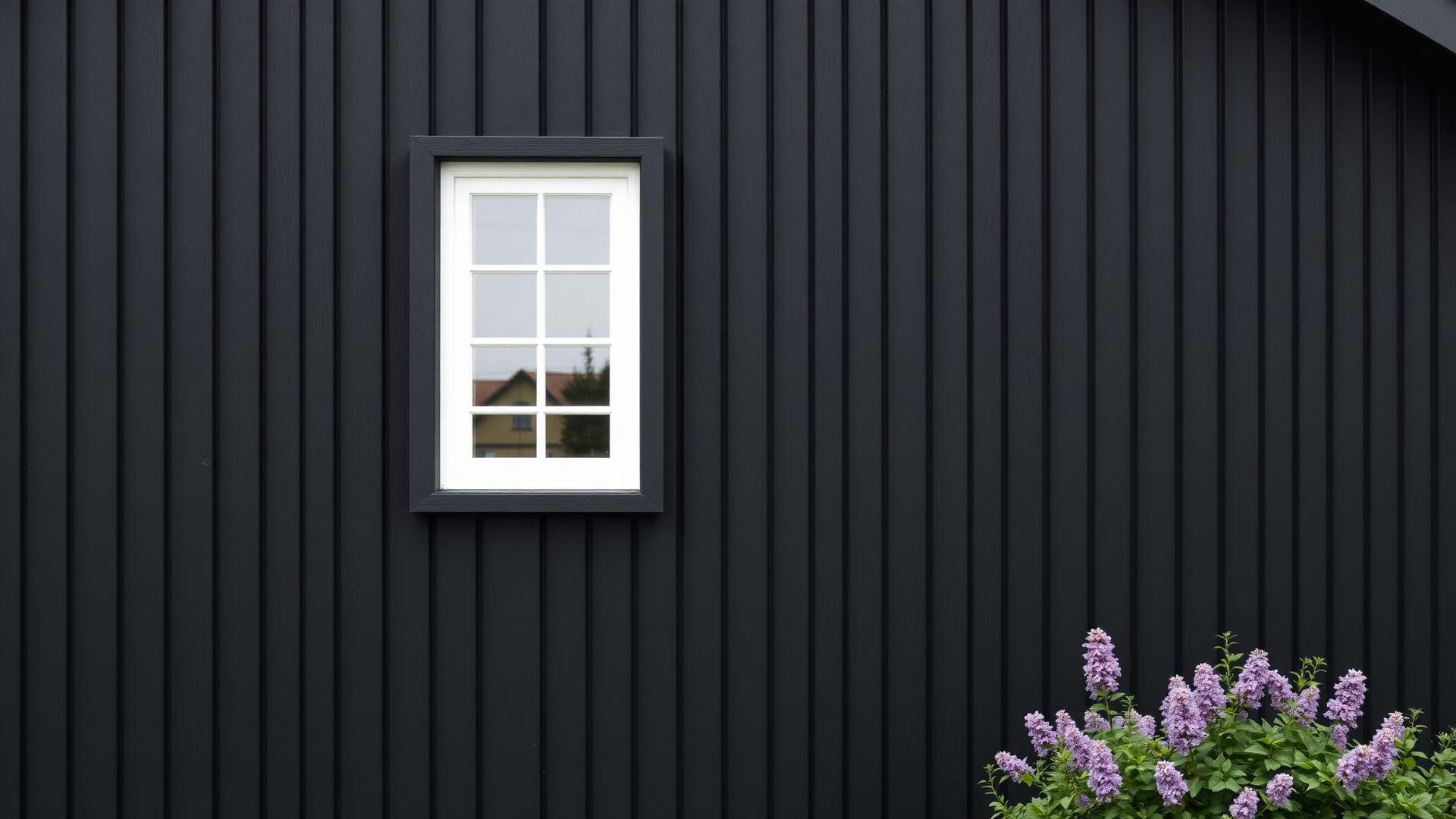 Svart träpanelfasad med vitt spröjsat fönster och syrenbuskar
